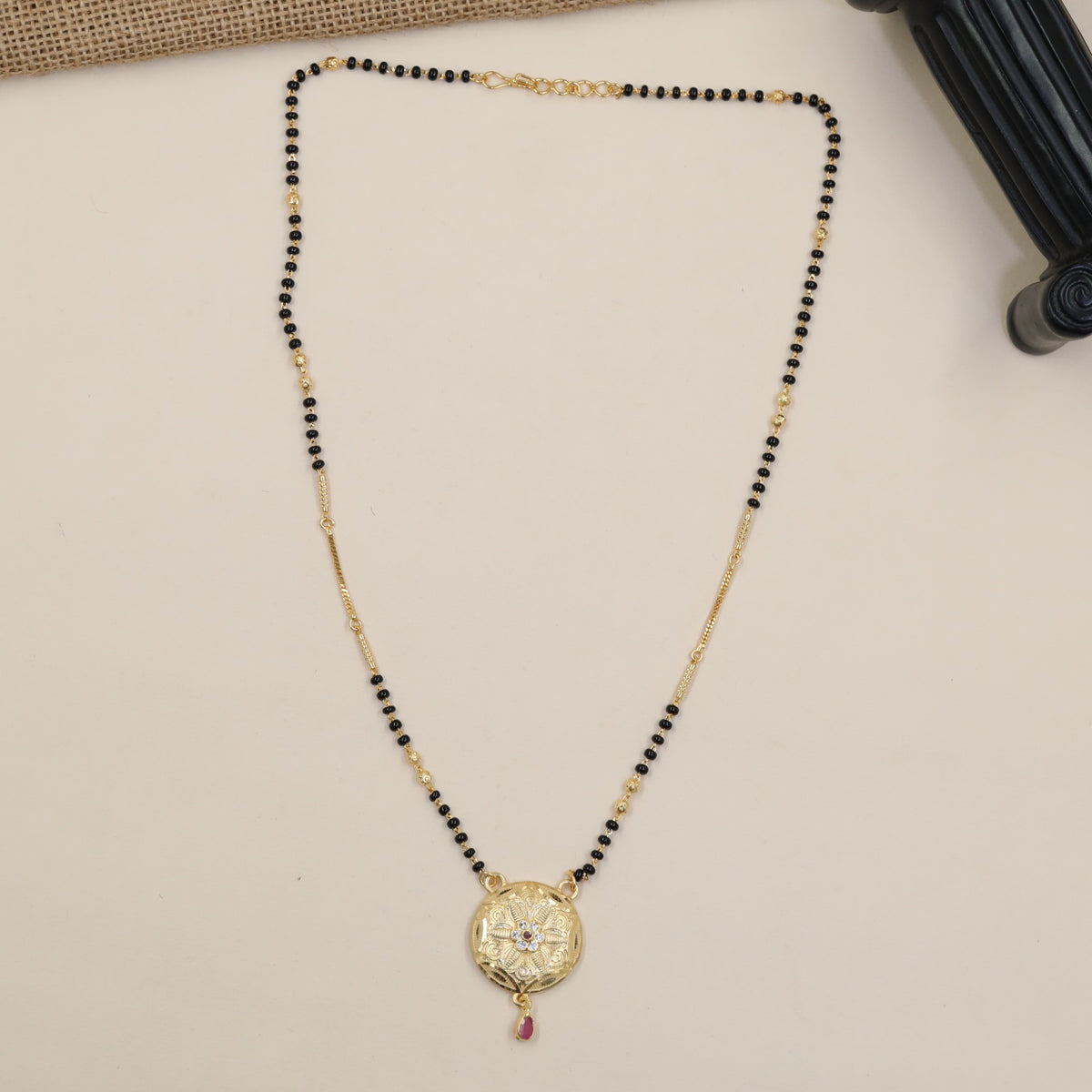 Gold Plated Mangalsutra with Engraved Round Pendant