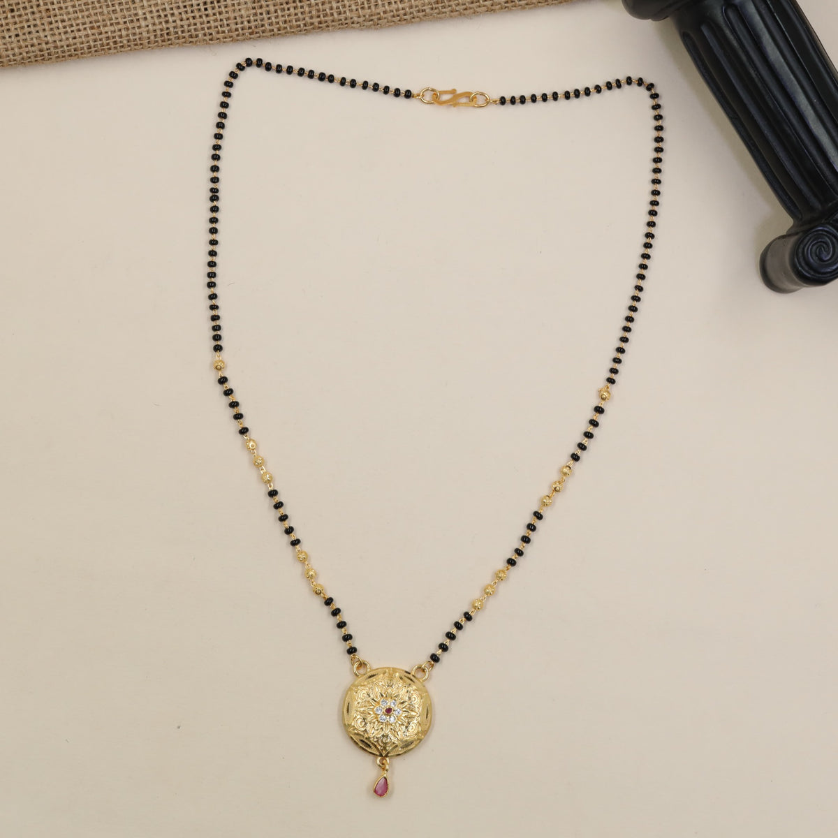 Gold Plated Mangalsutra with Ornamental Round Pendant & Drop
