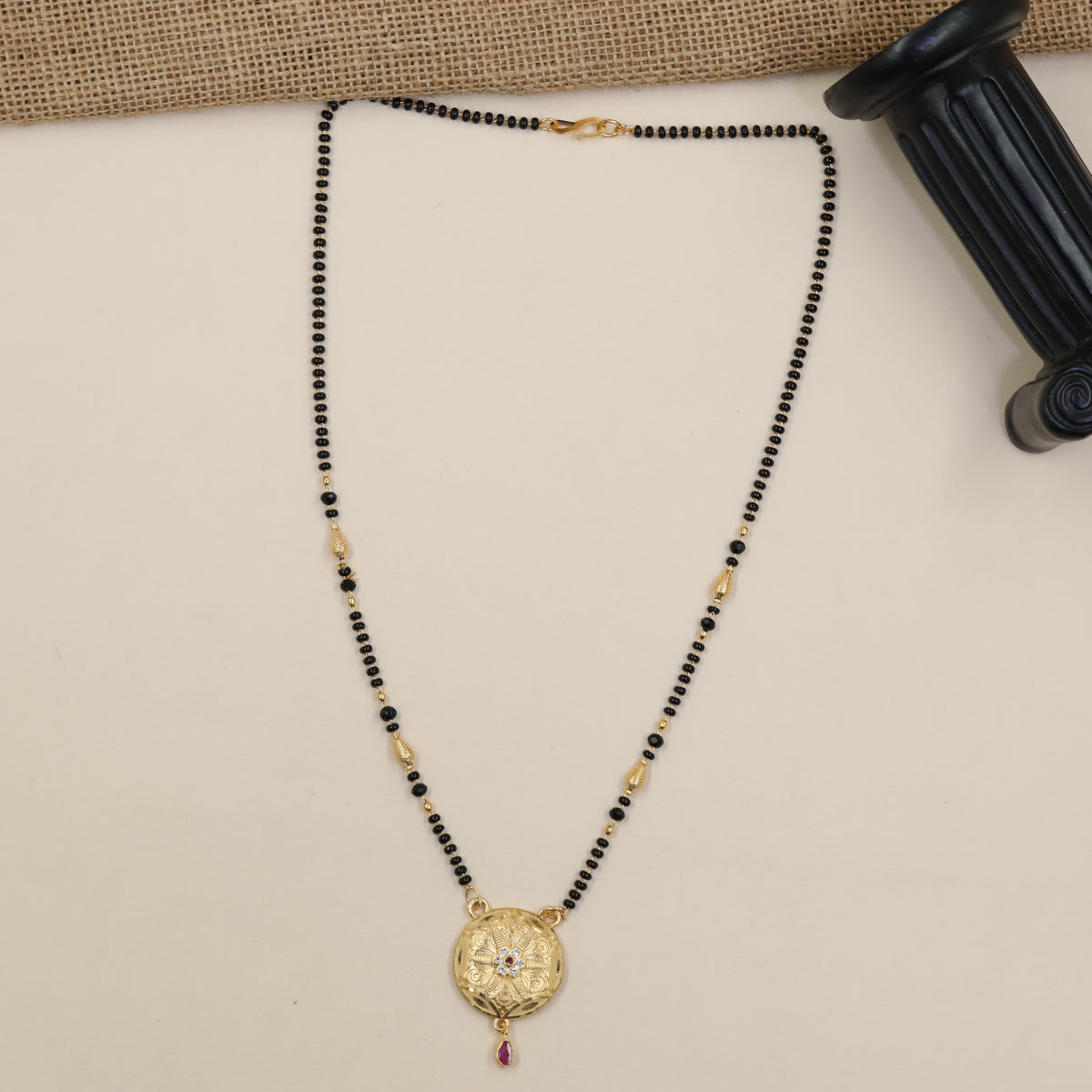 Gold Plated Mangalsutra with Ornate Round Centre & Side Accents