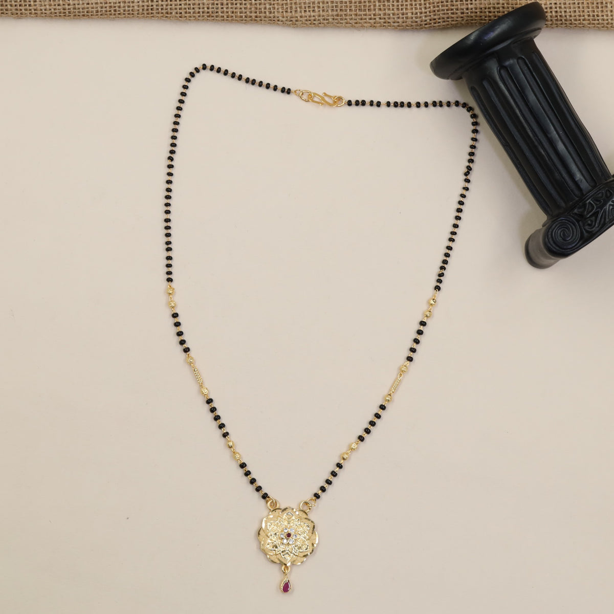 Gold Plated Mangalsutra with Floral Centre & Ornate Circular Border