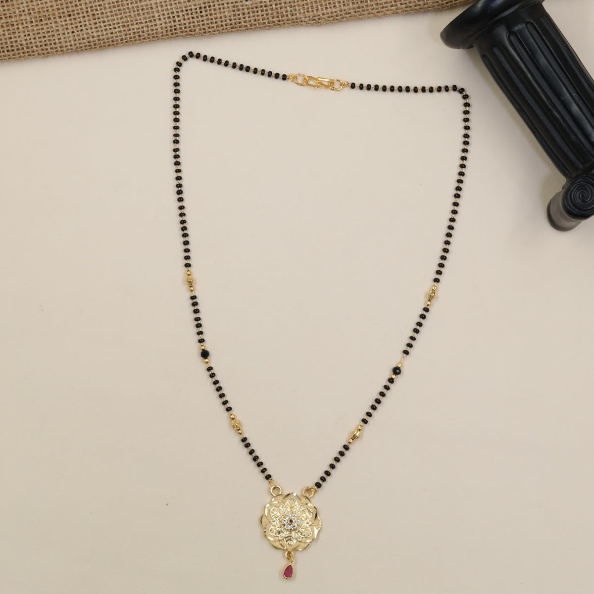 Gold Plated Mangalsutra with Floral Pendant & Black Bead Chain