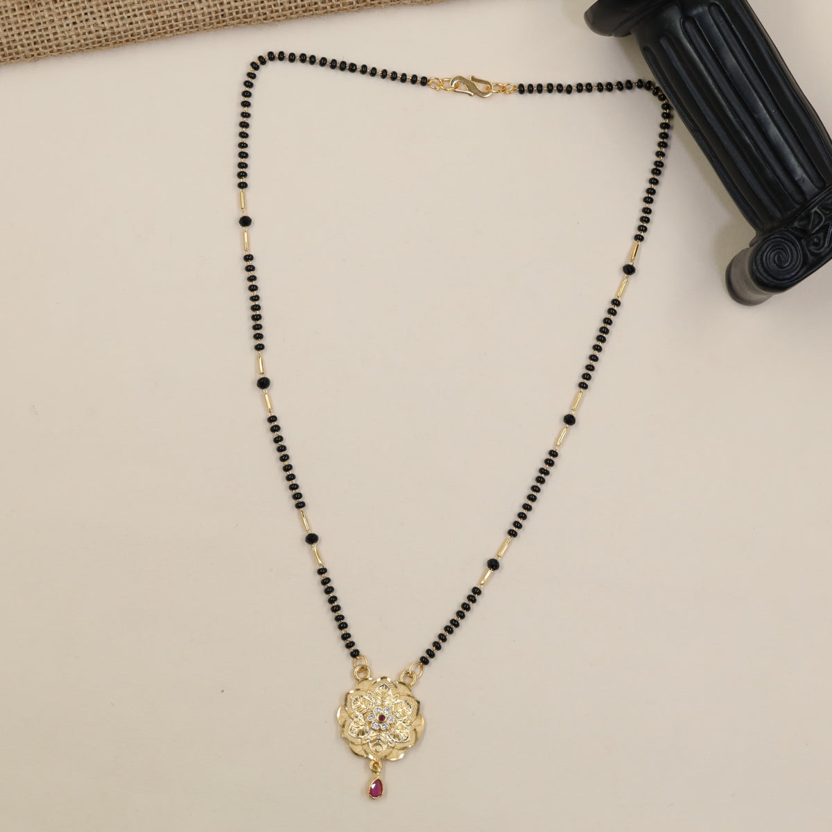 Gold Plated Mangalsutra with Floral Round Pendant & Chain Accents