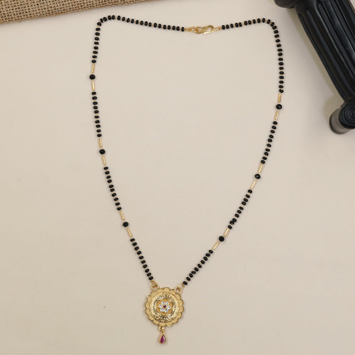 Gold Plated Mangalsutra with Floral-Inspired Circular Pendant