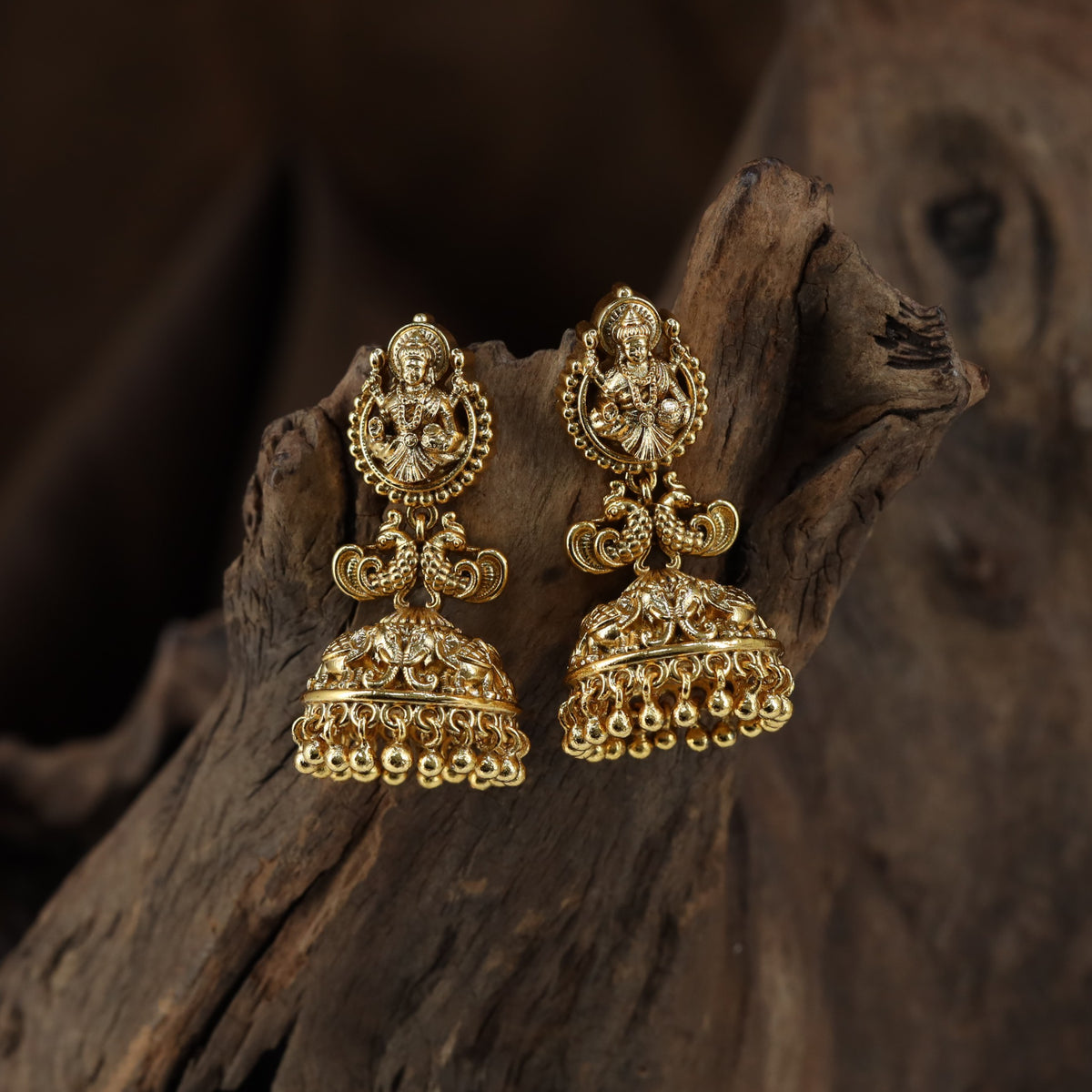 Grand traditional Jumkas with goddess detailing, ornate arches and finely finished bell-shaped drops