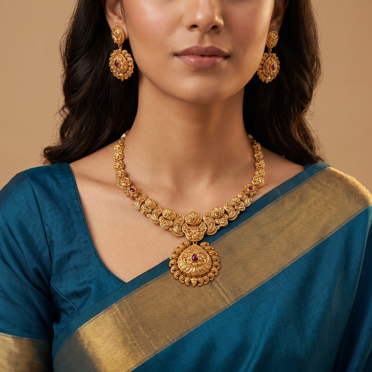 Intricate antique Necklace featuring floral roundels and an elaborate pendant frame