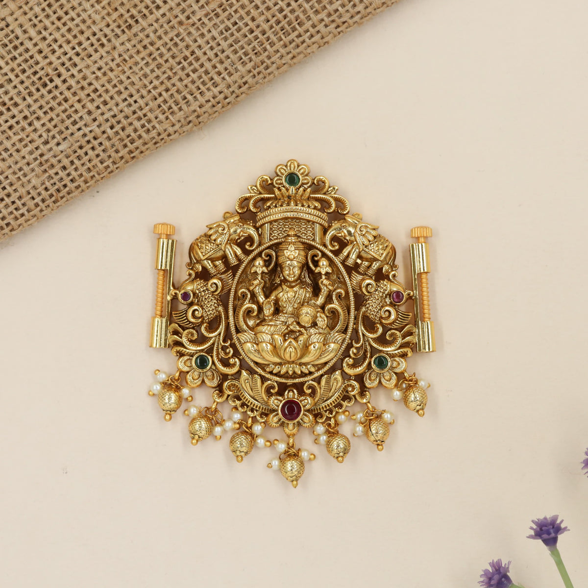 Grand Lakshmi Waist Belt Pendant with lotus artistry, decorative arches and hanging accents