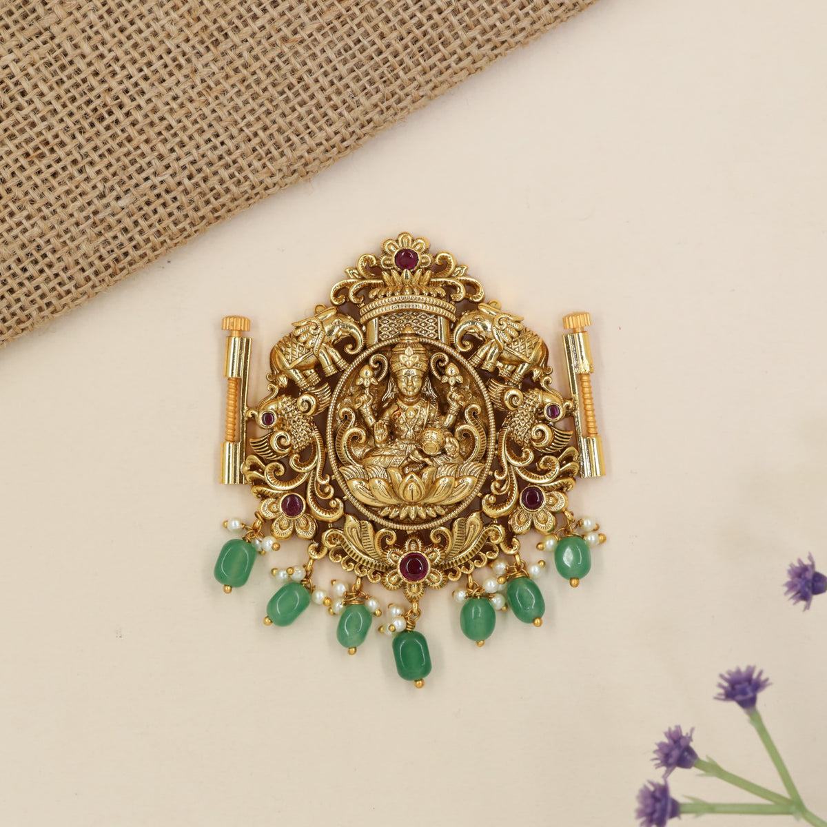 Grand Lakshmi Waist Belt Pendant with lotus artistry, decorative arches and hanging accents