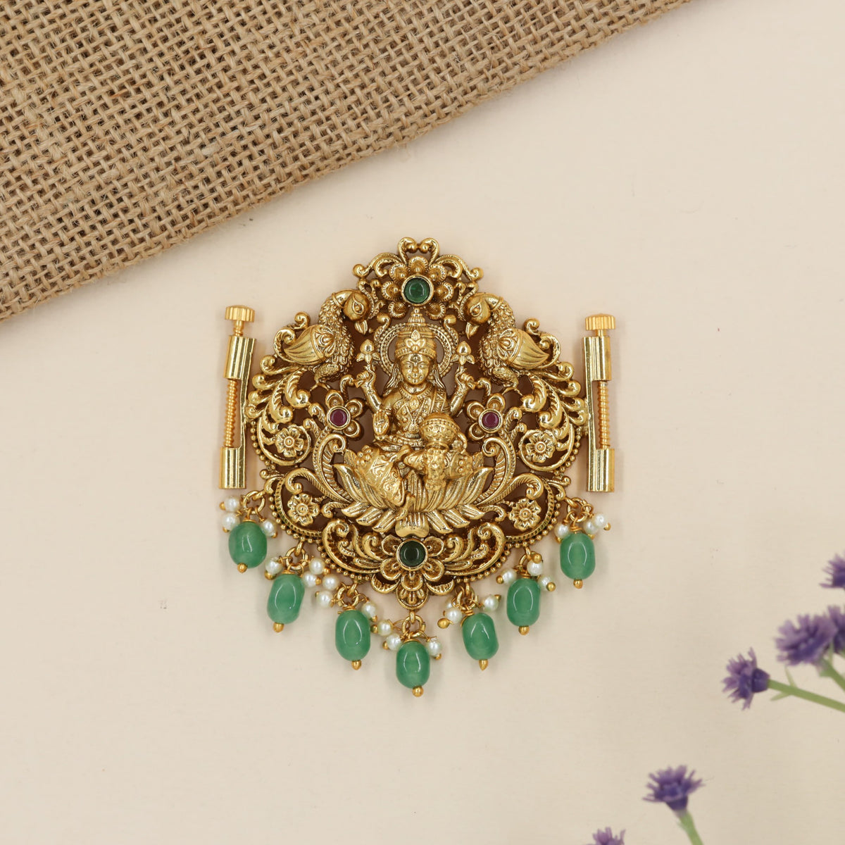 Lakshmi Waist Belt Pendant with sculpted peacocks and lotus detailing