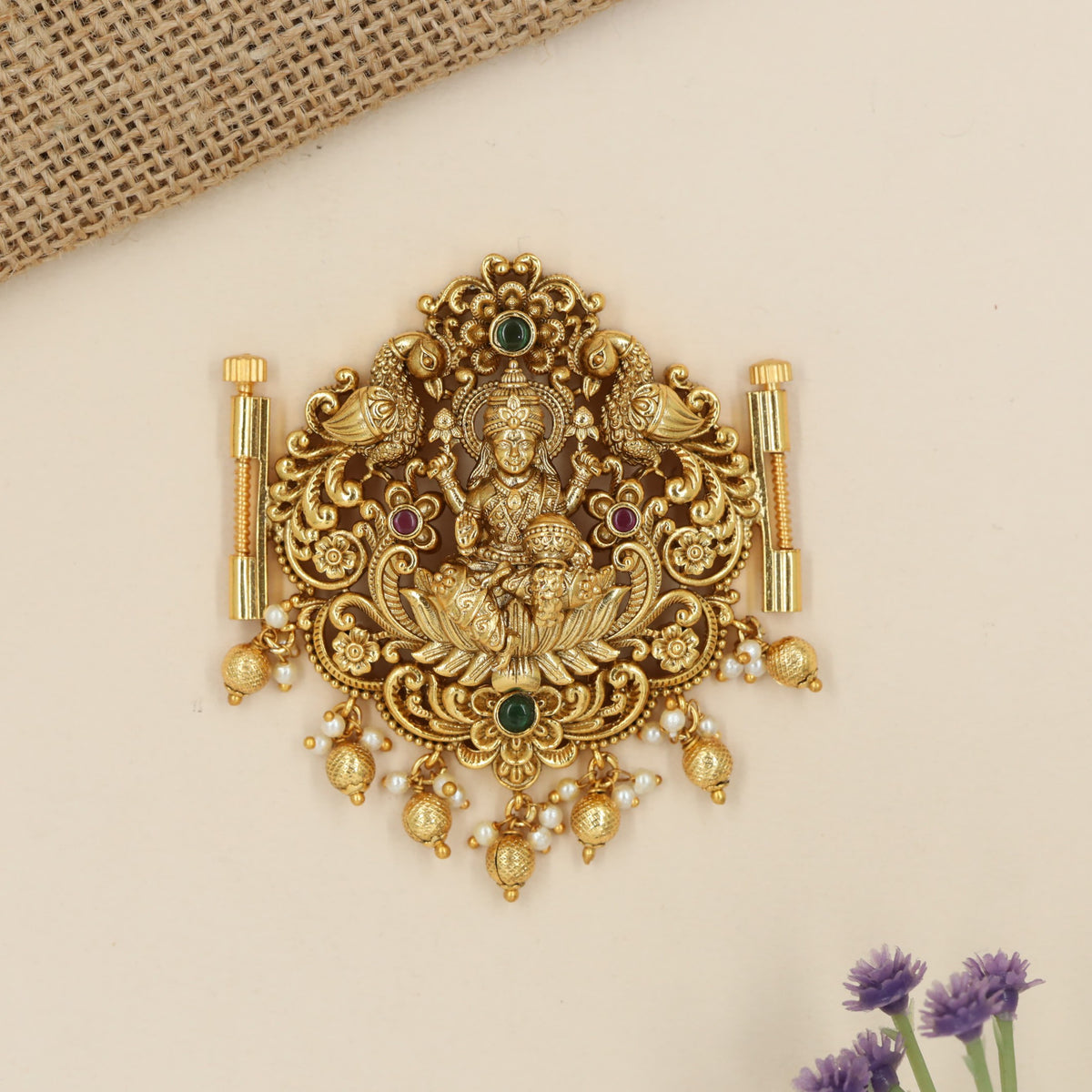 Lakshmi Waist Belt Pendant with sculpted peacocks and lotus detailing