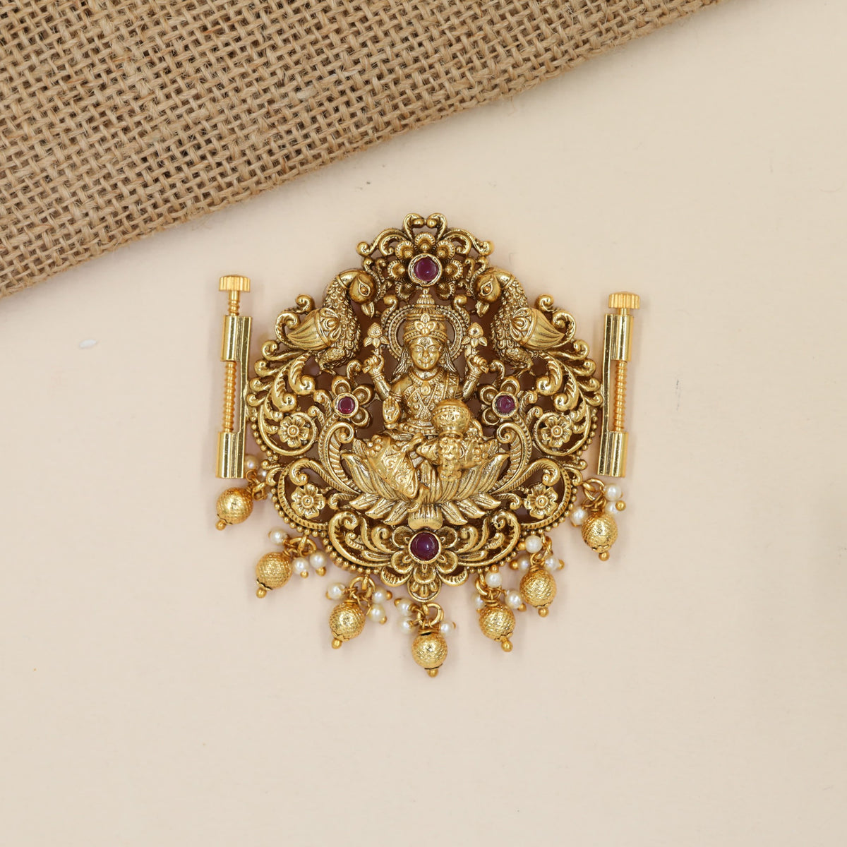 Lakshmi Waist Belt Pendant with sculpted peacocks and lotus detailing