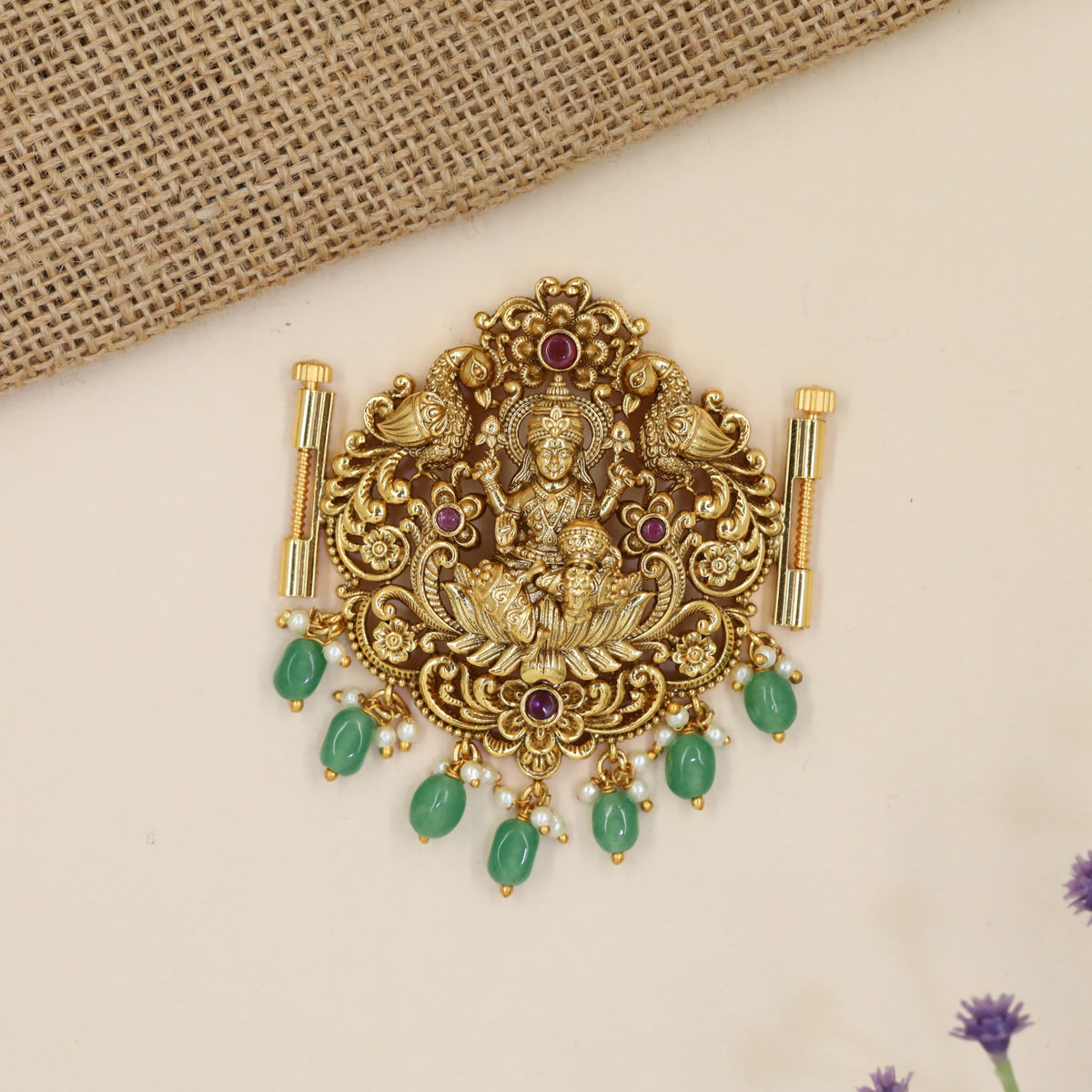 Lakshmi Waist Belt Pendant with sculpted peacocks and lotus detailing