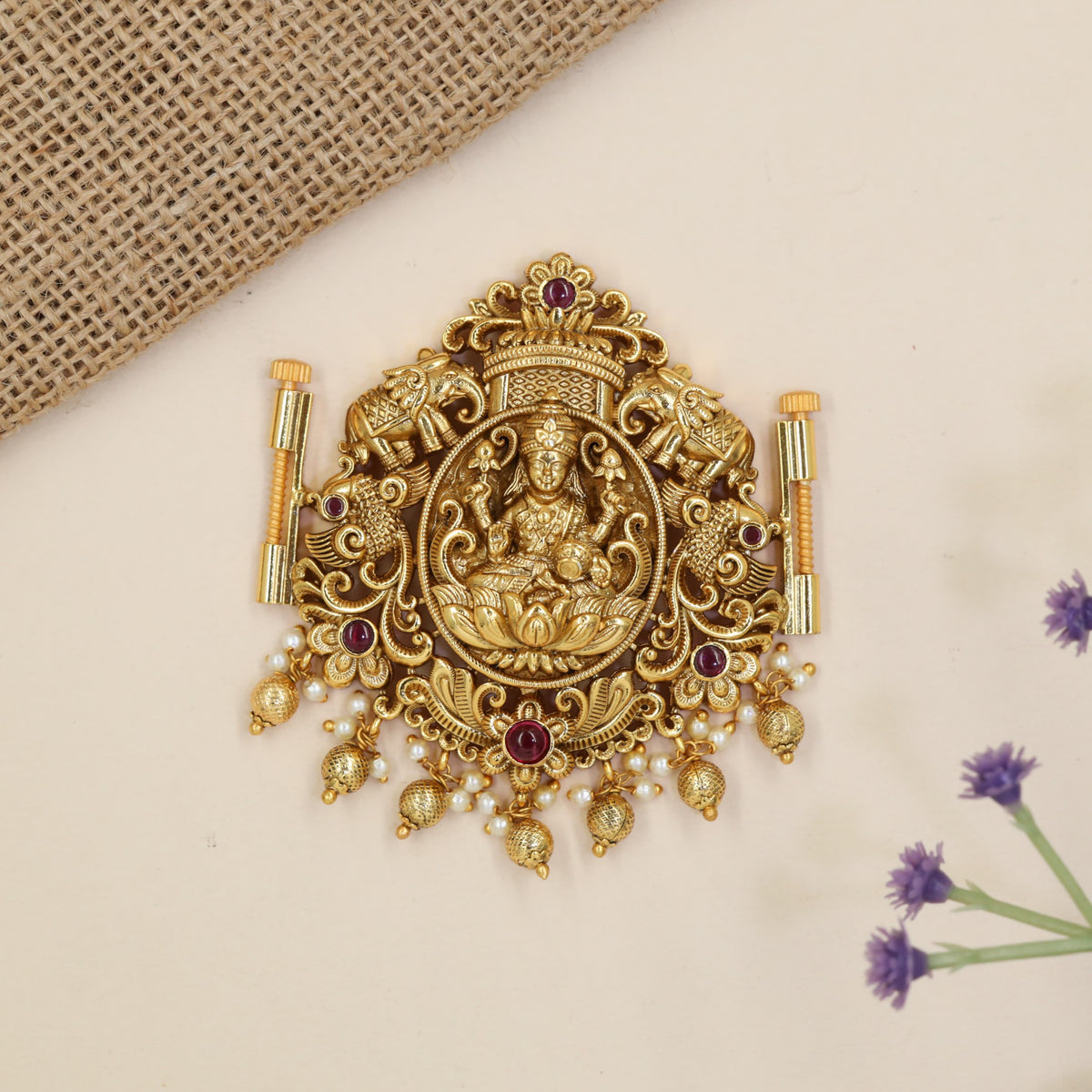Grand Lakshmi Waist Belt Pendant with lotus artistry, decorative arches and hanging accents