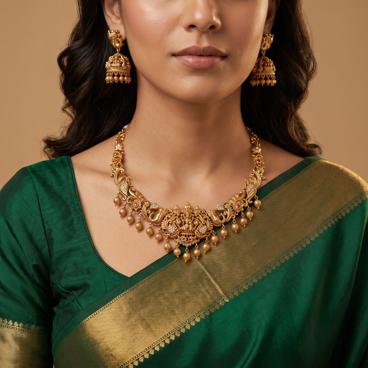 Royal Lakshmi necklace featuring elaborate curves, floral detailing and hanging accents