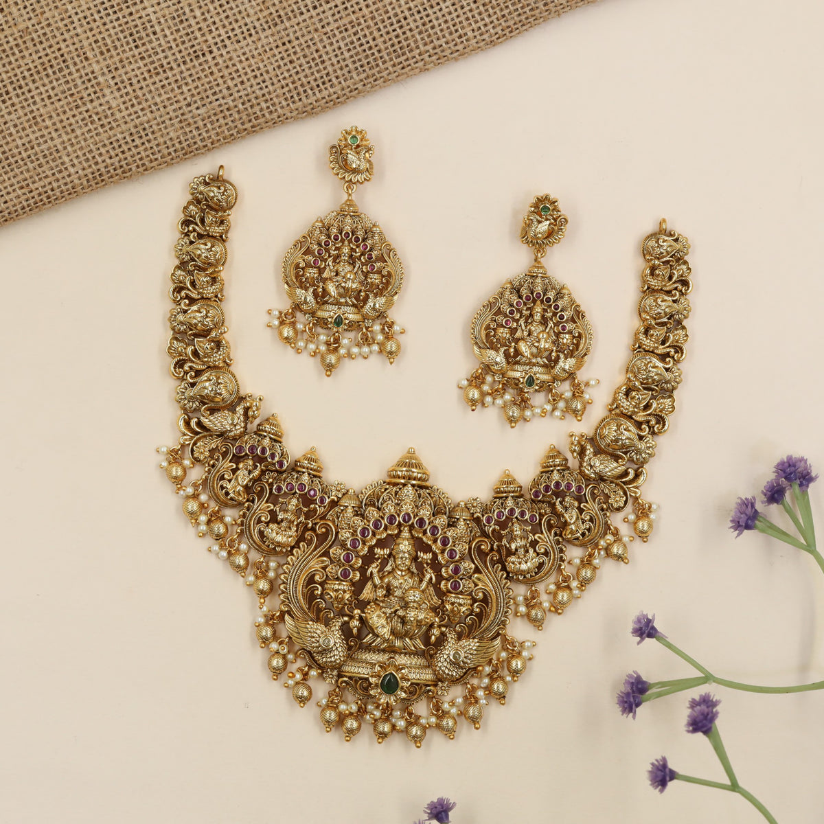 Royal Lakshmi antique necklace with ornate scrollwork and sculpted detailing
