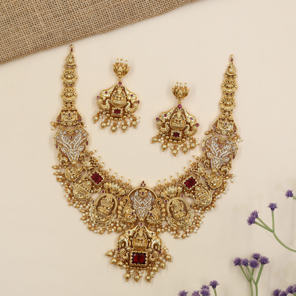 Signature Antique temple necklace adorned with sculpted Lakshmi elements