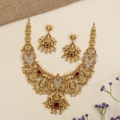 Signature Antique temple necklace adorned with sculpted Lakshmi elements