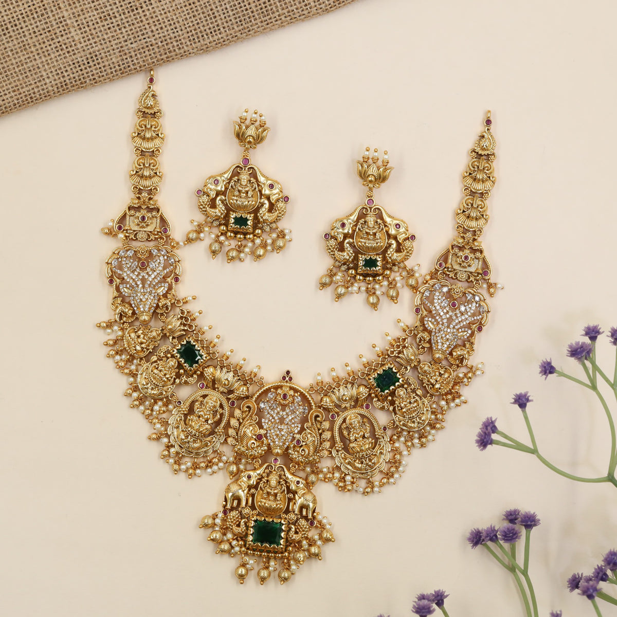 Signature Antique temple necklace adorned with sculpted Lakshmi elements
