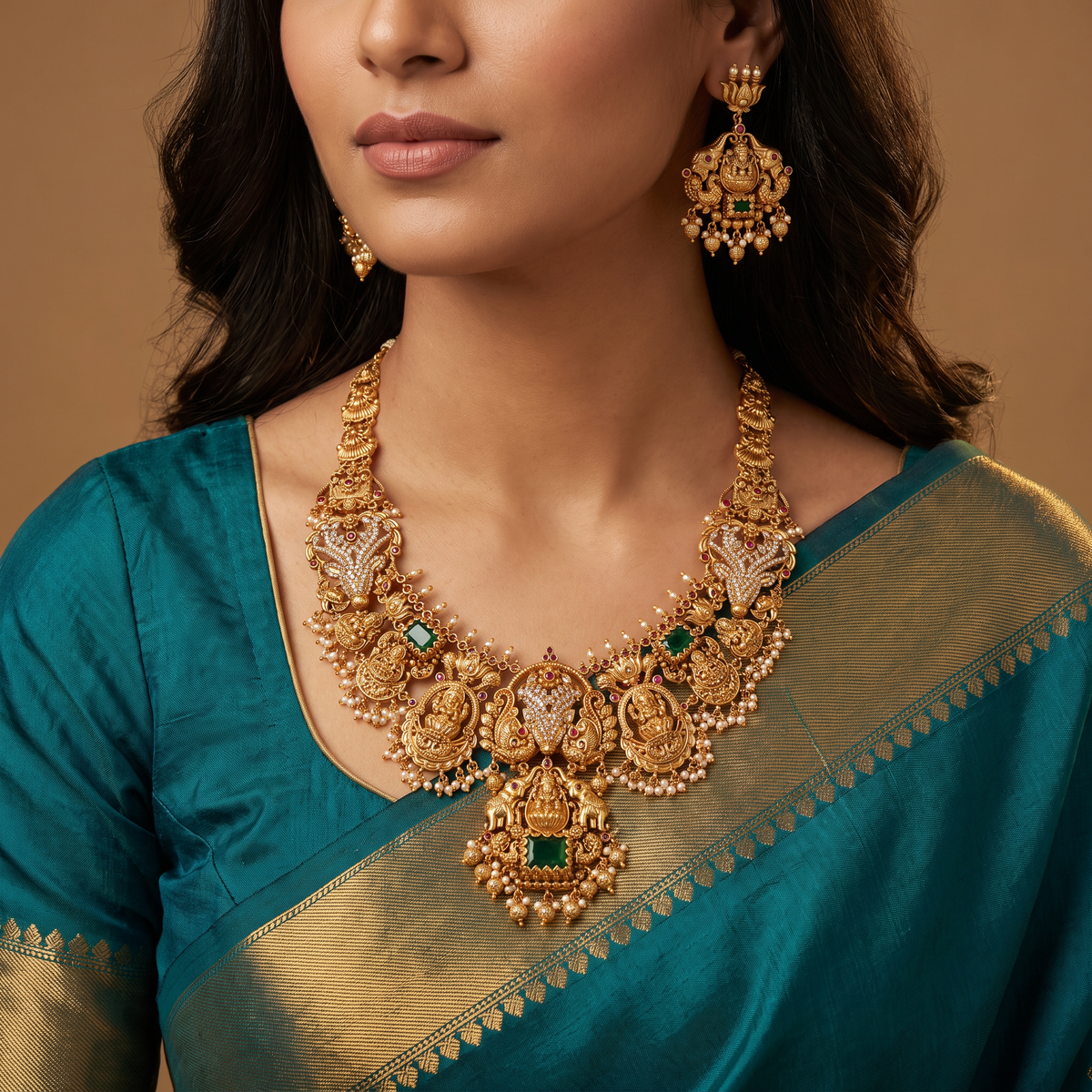 Signature Antique temple necklace adorned with sculpted Lakshmi elements