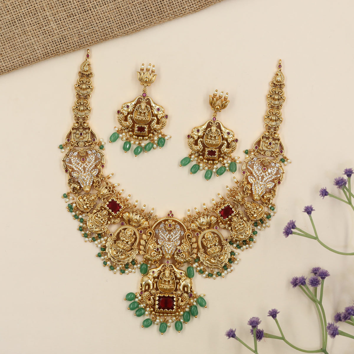 Signature Antique temple necklace adorned with sculpted Lakshmi elements