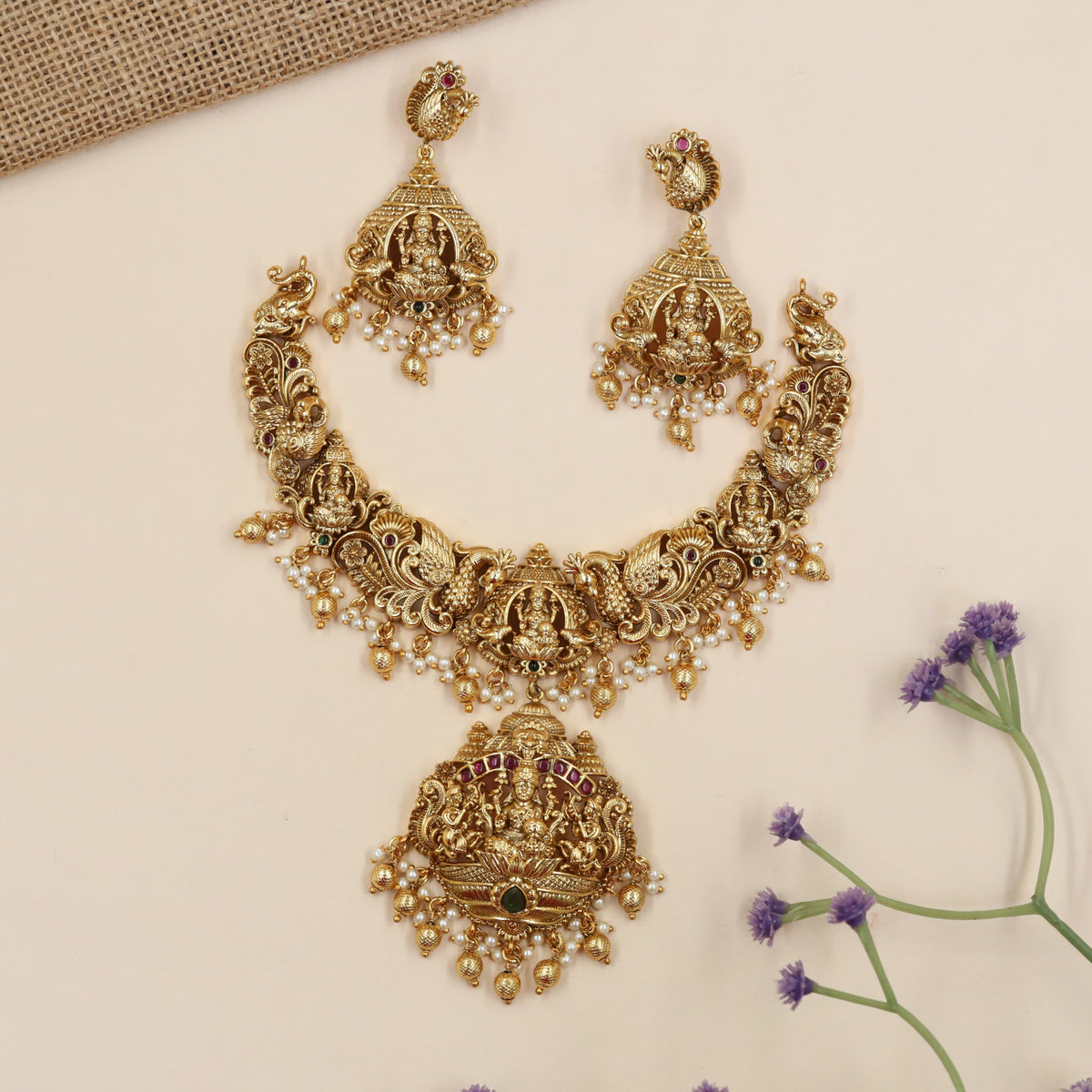 Grand temple-inspired necklace with Lakshmi pendant and dangling accents