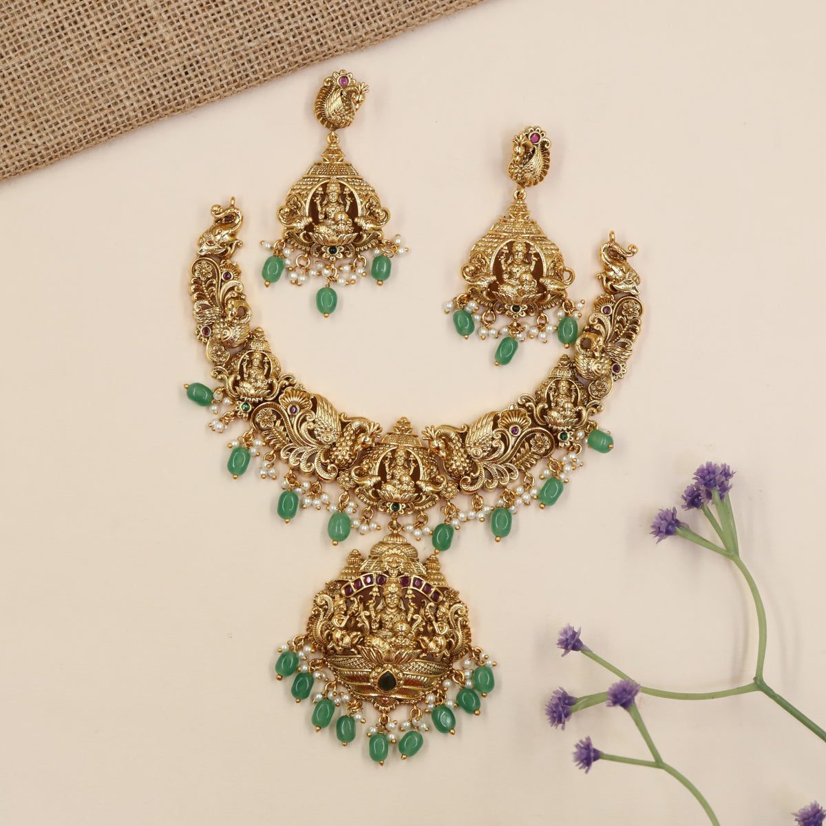 Grand temple-inspired necklace with Lakshmi pendant and dangling accents