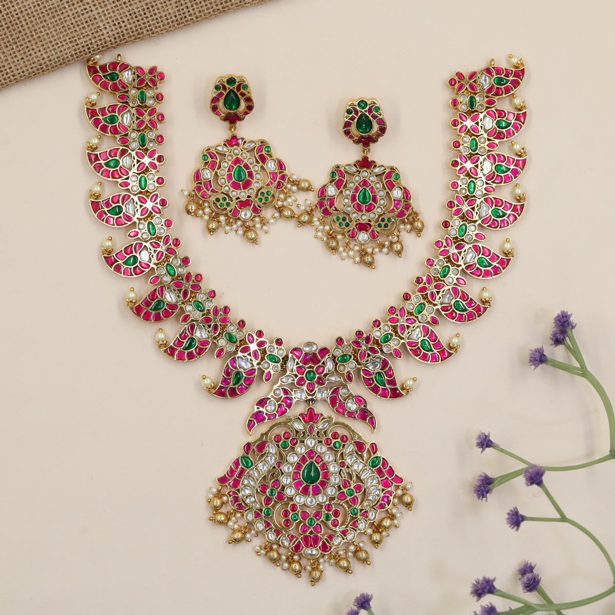Jadau Necklace With Paisley Links And Elaborate Floral Centrepiece