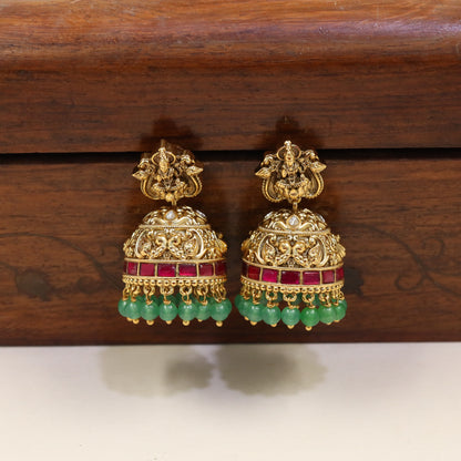 Antique Jhumka With Lakshmi Top And Ornate Dome Detailing