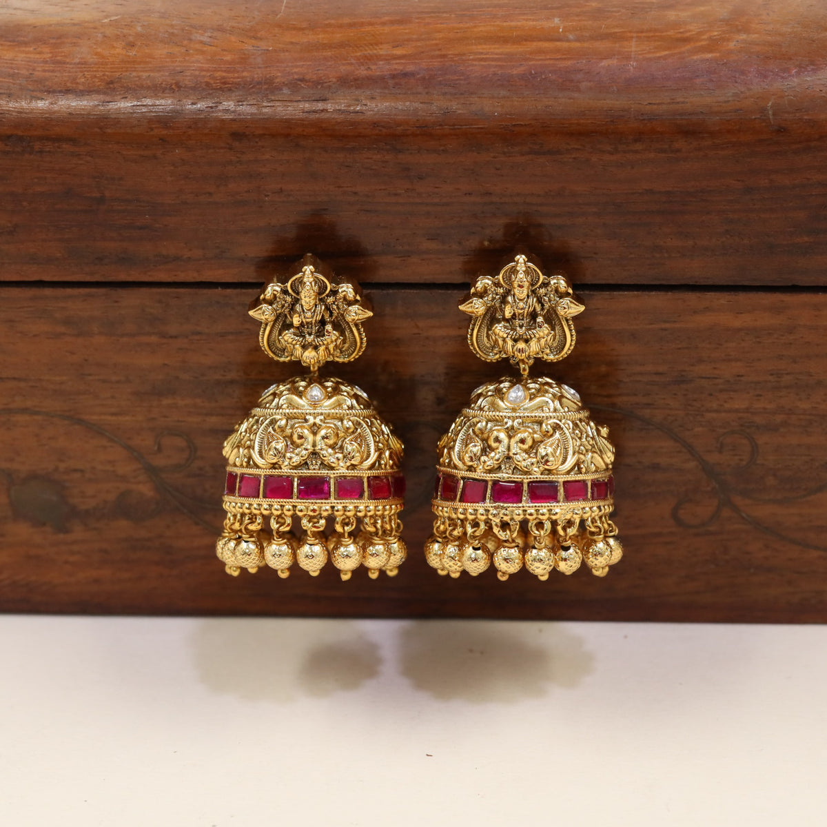 Antique Jhumka With Lakshmi Top And Ornate Dome Detailing