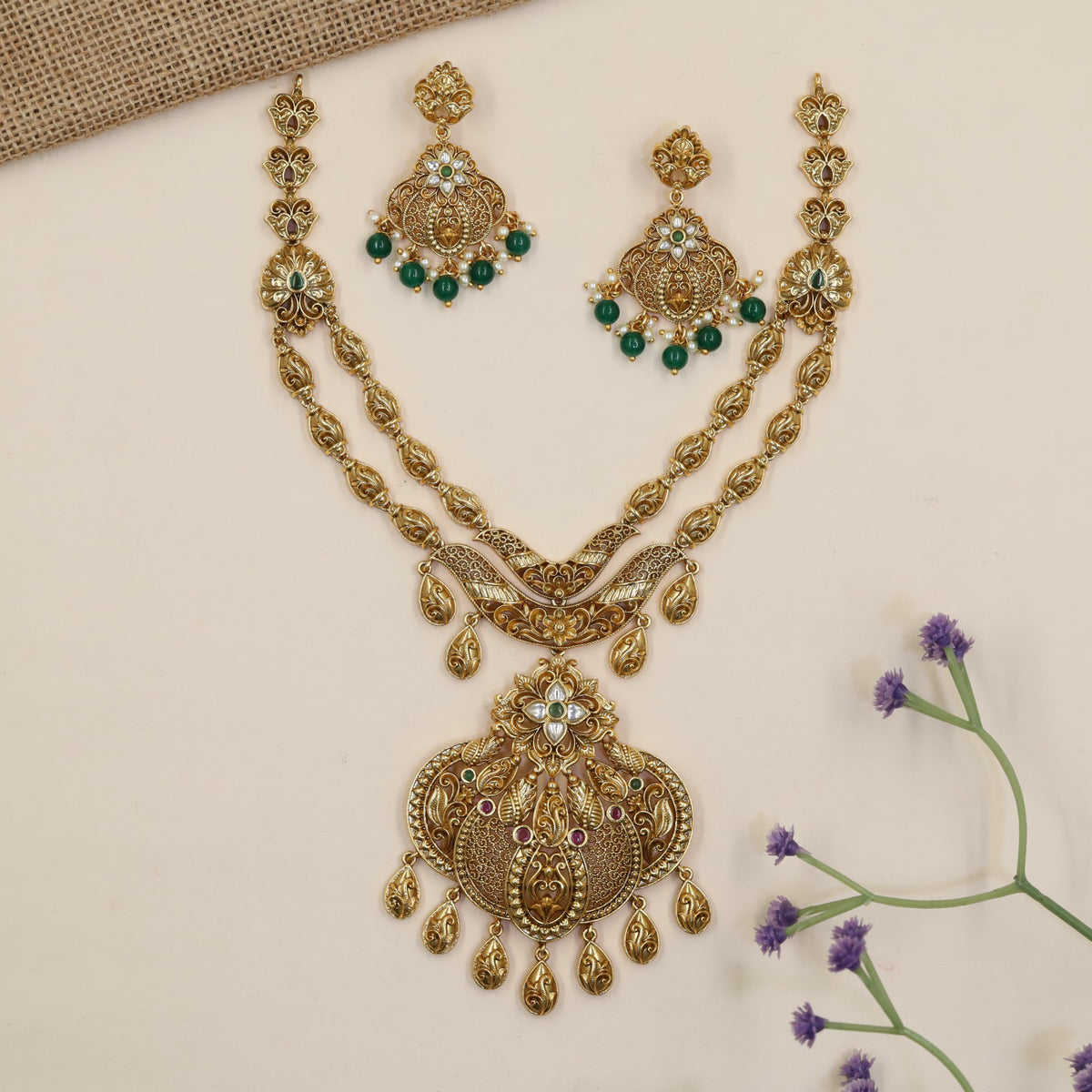 Grand Necklace With Sculpted Floral Elements And Elaborate Traditional Pendant Work
