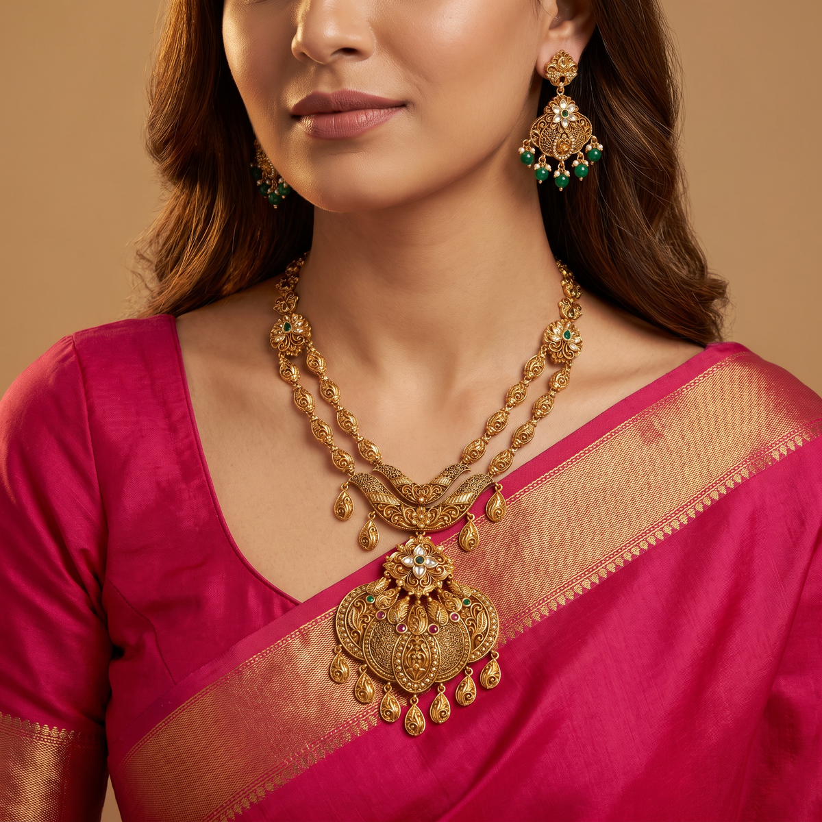 Grand Necklace With Sculpted Floral Elements And Elaborate Traditional Pendant Work