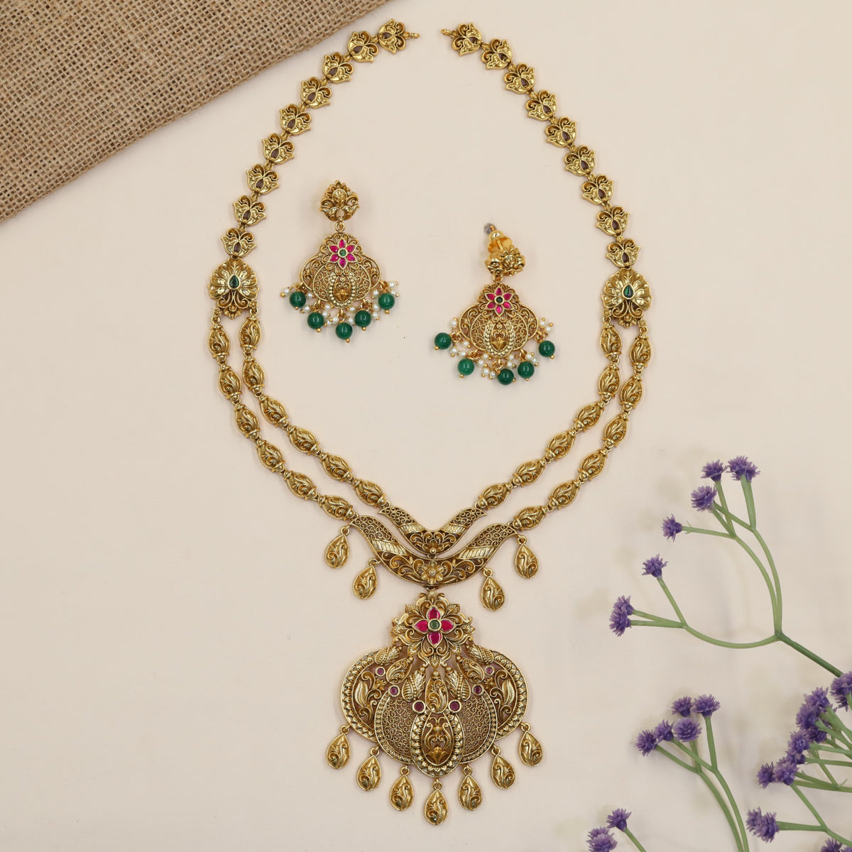 Premium Antique Long Haara With Floral Chainwork And Detailed Statement Pendant