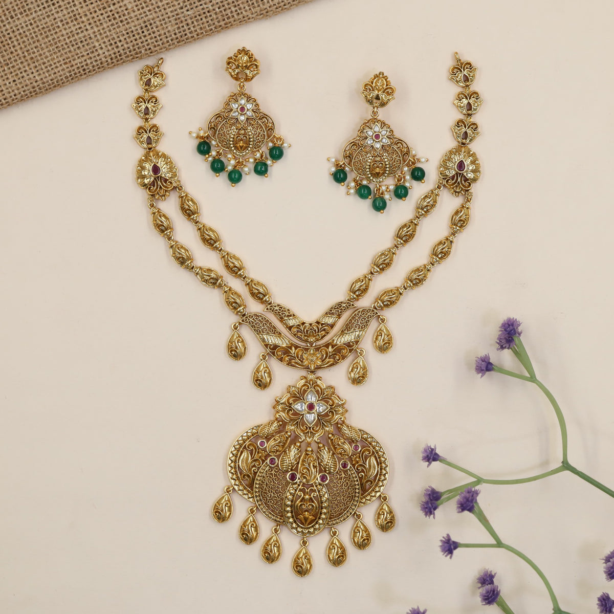 Grand Necklace With Sculpted Floral Elements And Elaborate Traditional Pendant Work