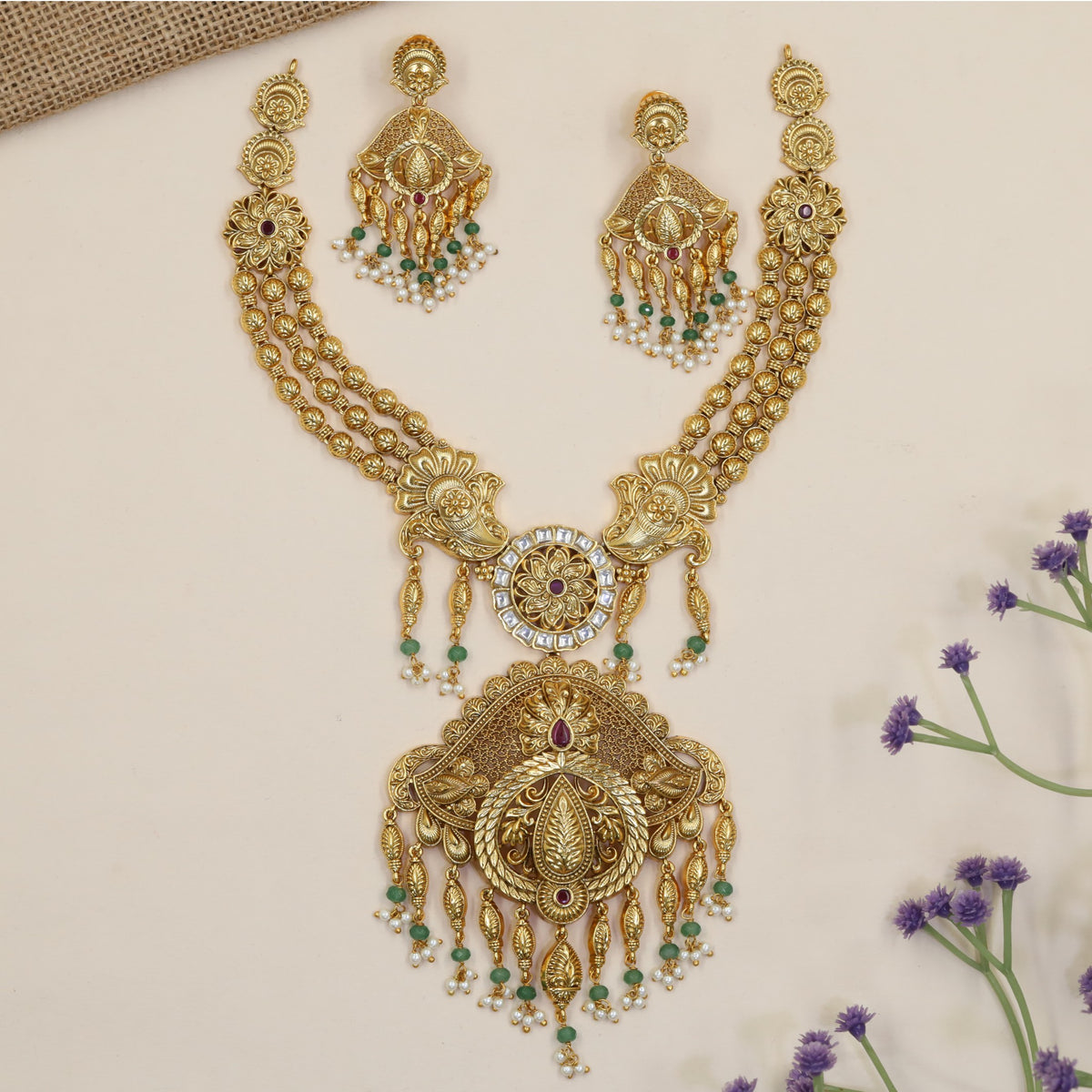 Antique Necklace With Floral Medallion Links And Elaborate Statement Pendant