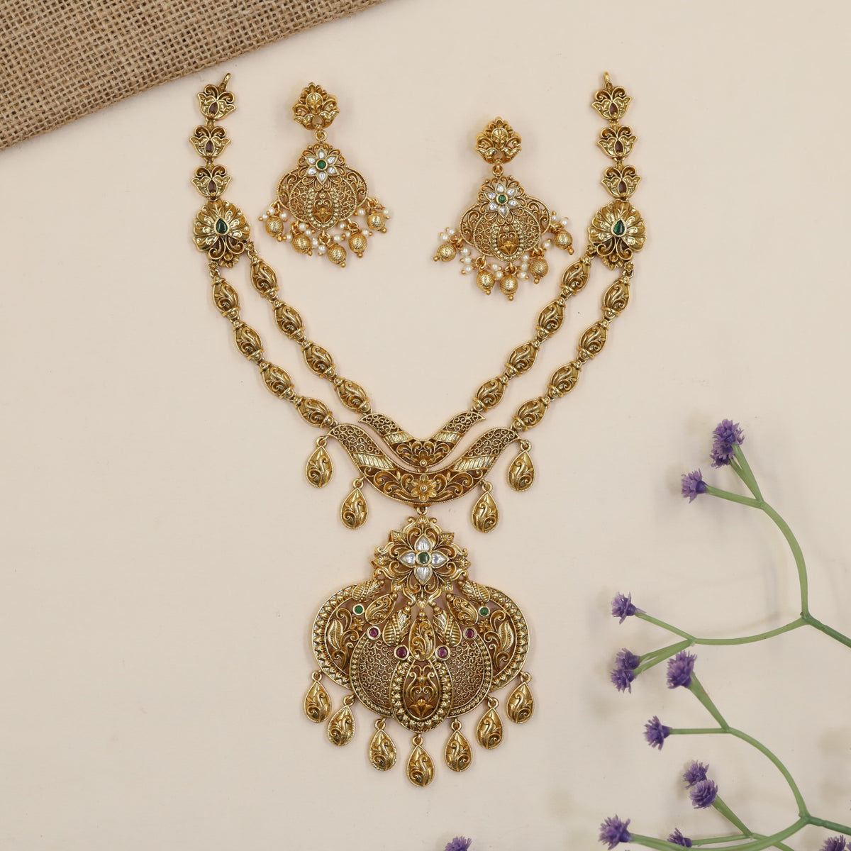 Grand Necklace With Sculpted Floral Elements And Elaborate Traditional Pendant Work
