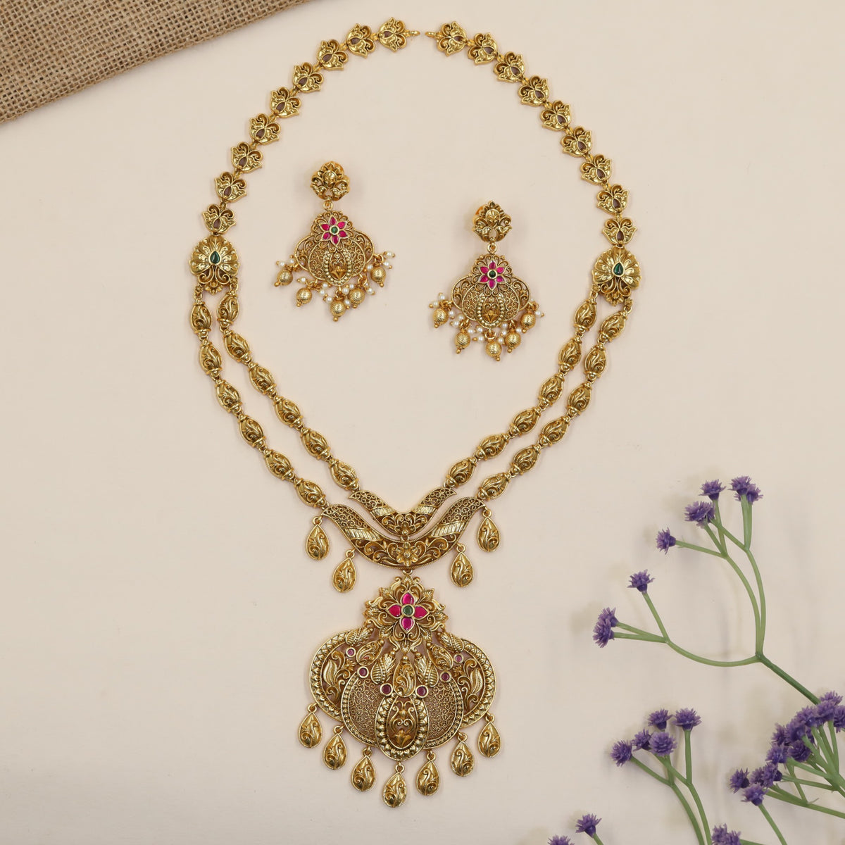 Premium Antique Long Haara With Floral Chainwork And Detailed Statement Pendant