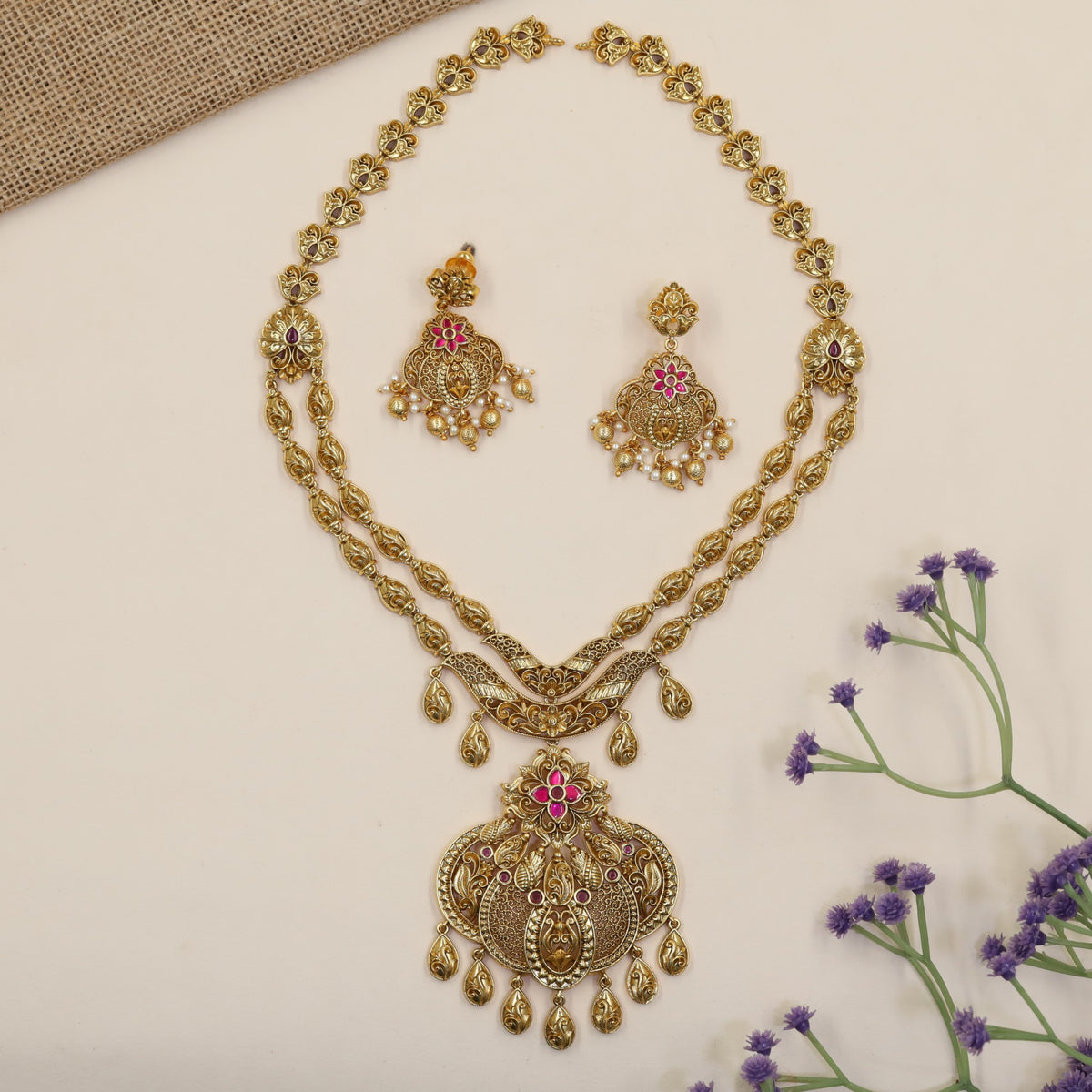 Premium Antique Long Haara With Floral Chainwork And Detailed Statement Pendant