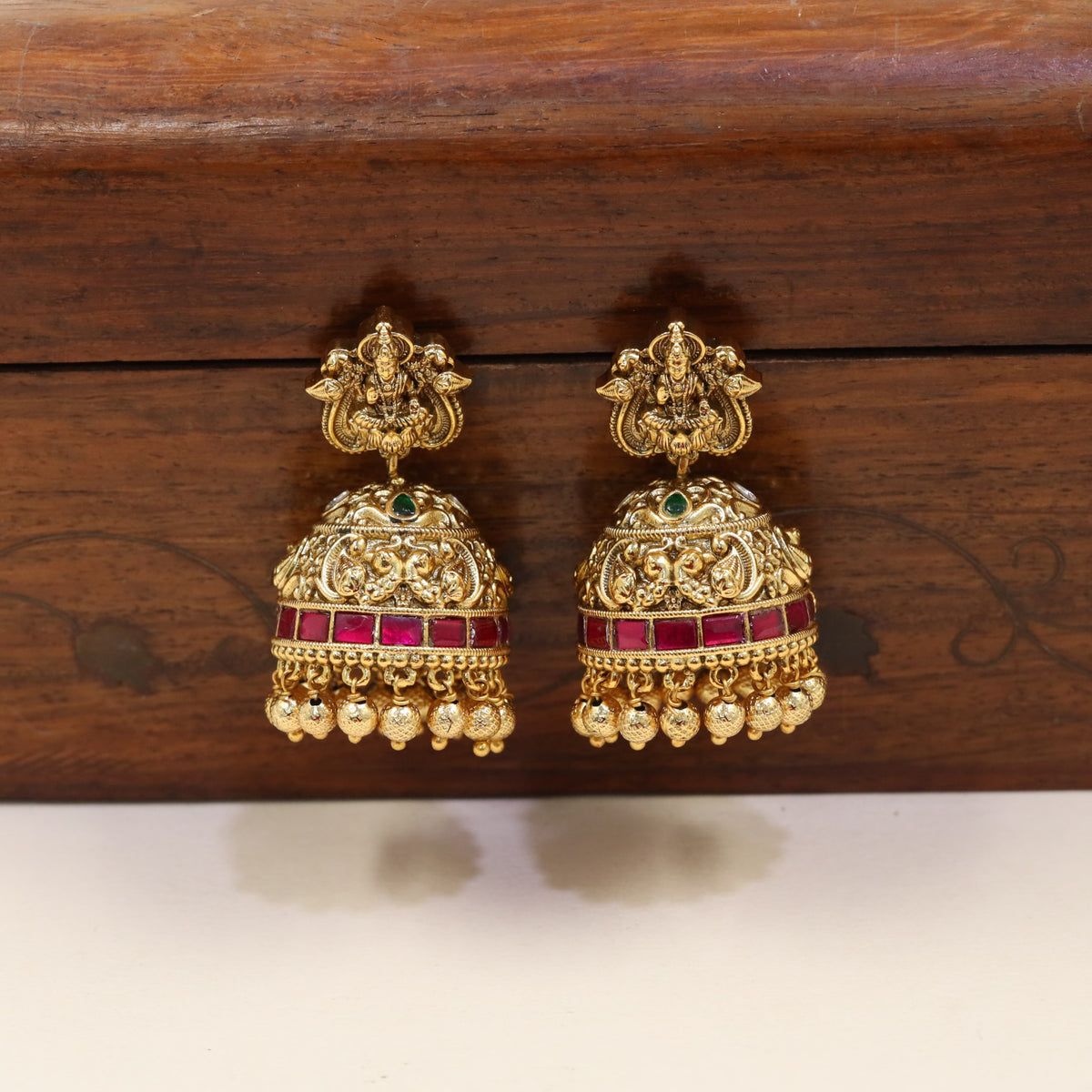 Antique Jhumka With Lakshmi Top And Ornate Dome Detailing