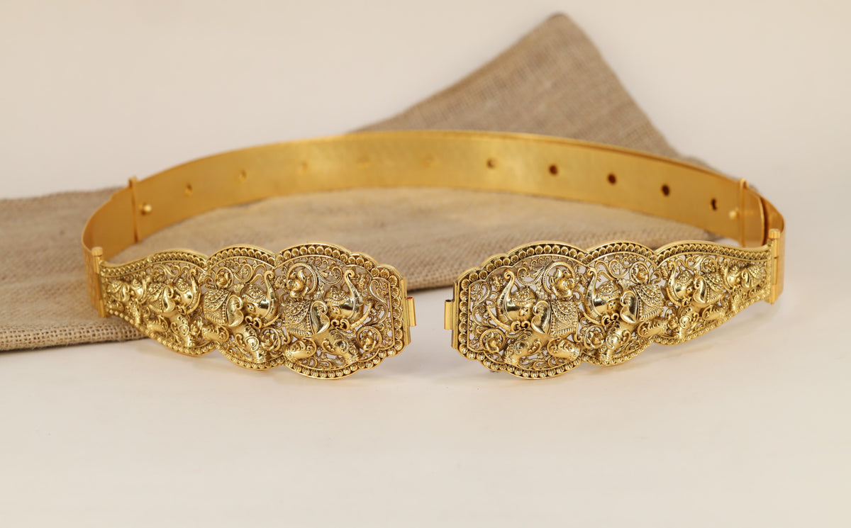 Antique Dabu Waist Belt With Intricate Scrollwork And Sculpted Elephant Details
