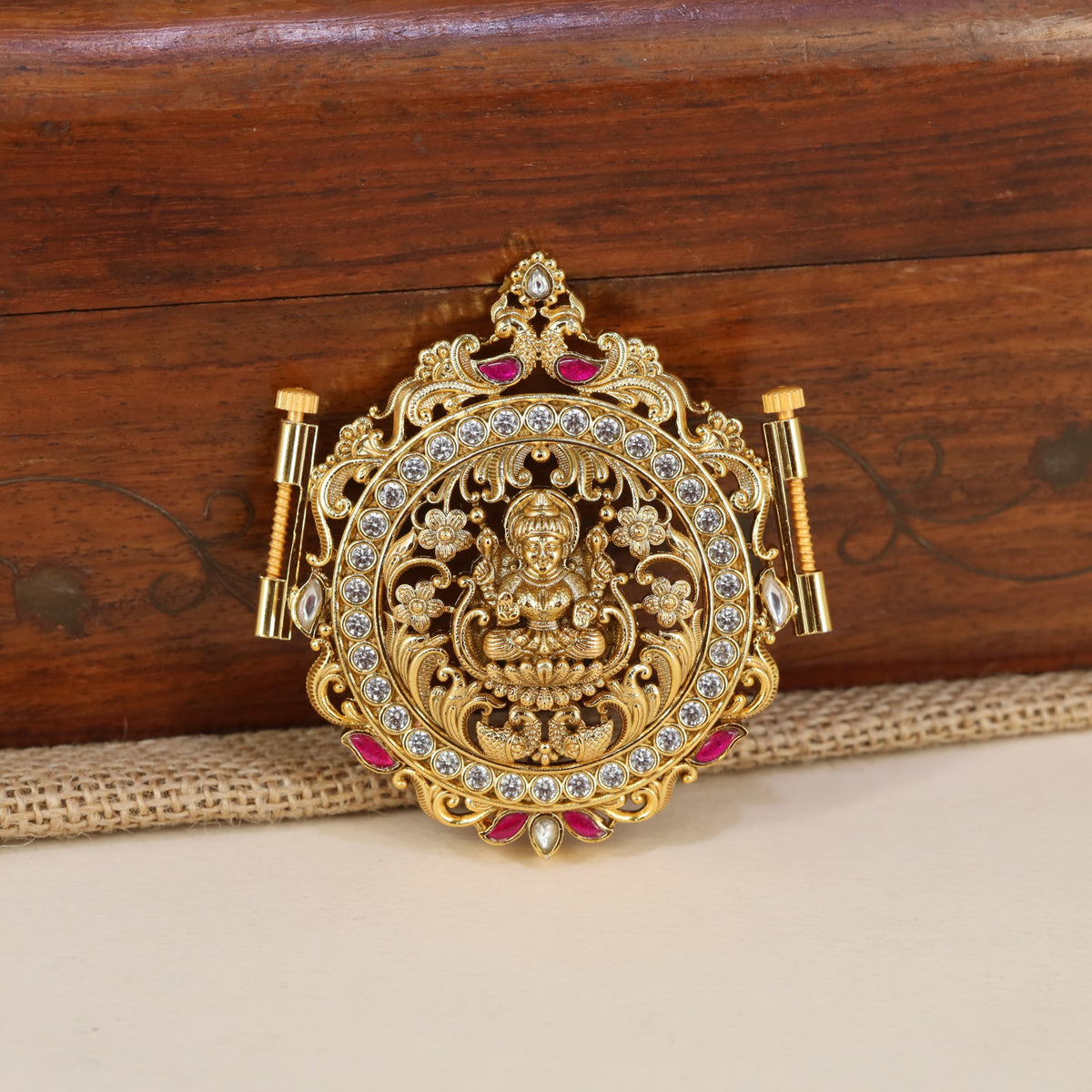 Elegant Antique Waist Belt Pendant Featuring Seated Lakshmi And Sculpted Floral Details