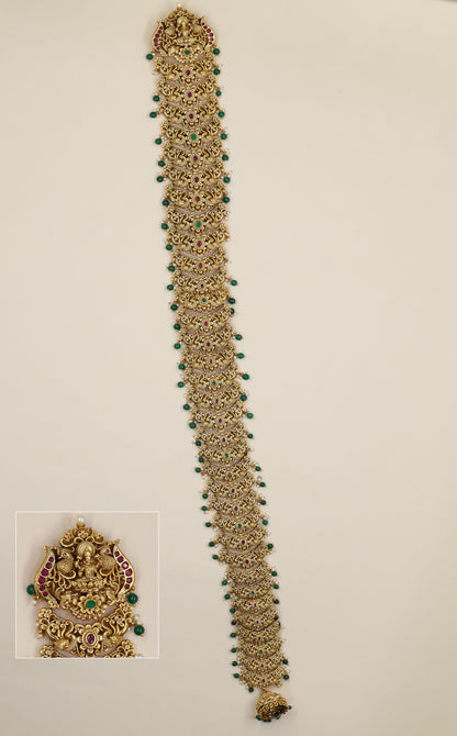 Antique Long Jade with repeated Lakshmi panels and intricate temple artistry