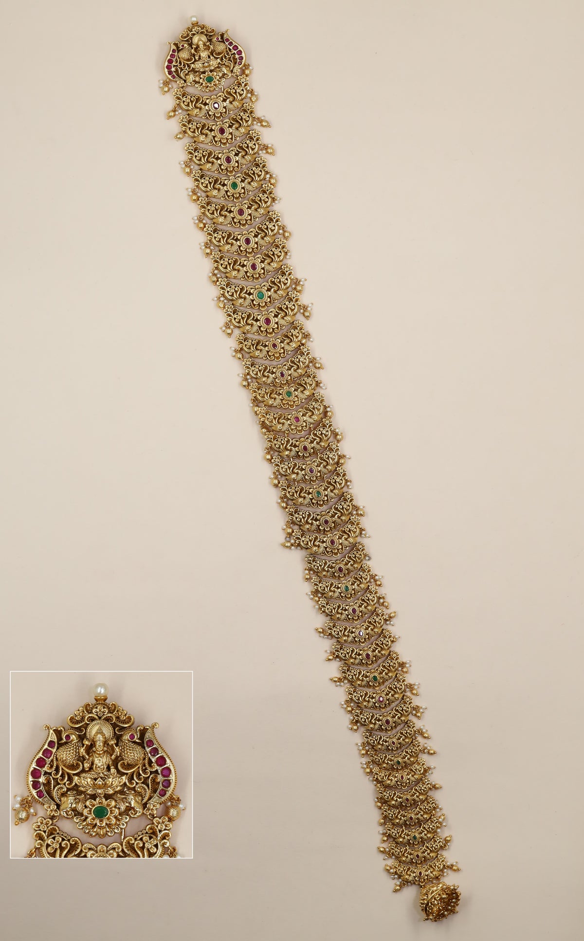 Antique Long Jade with repeated Lakshmi panels and intricate temple artistry