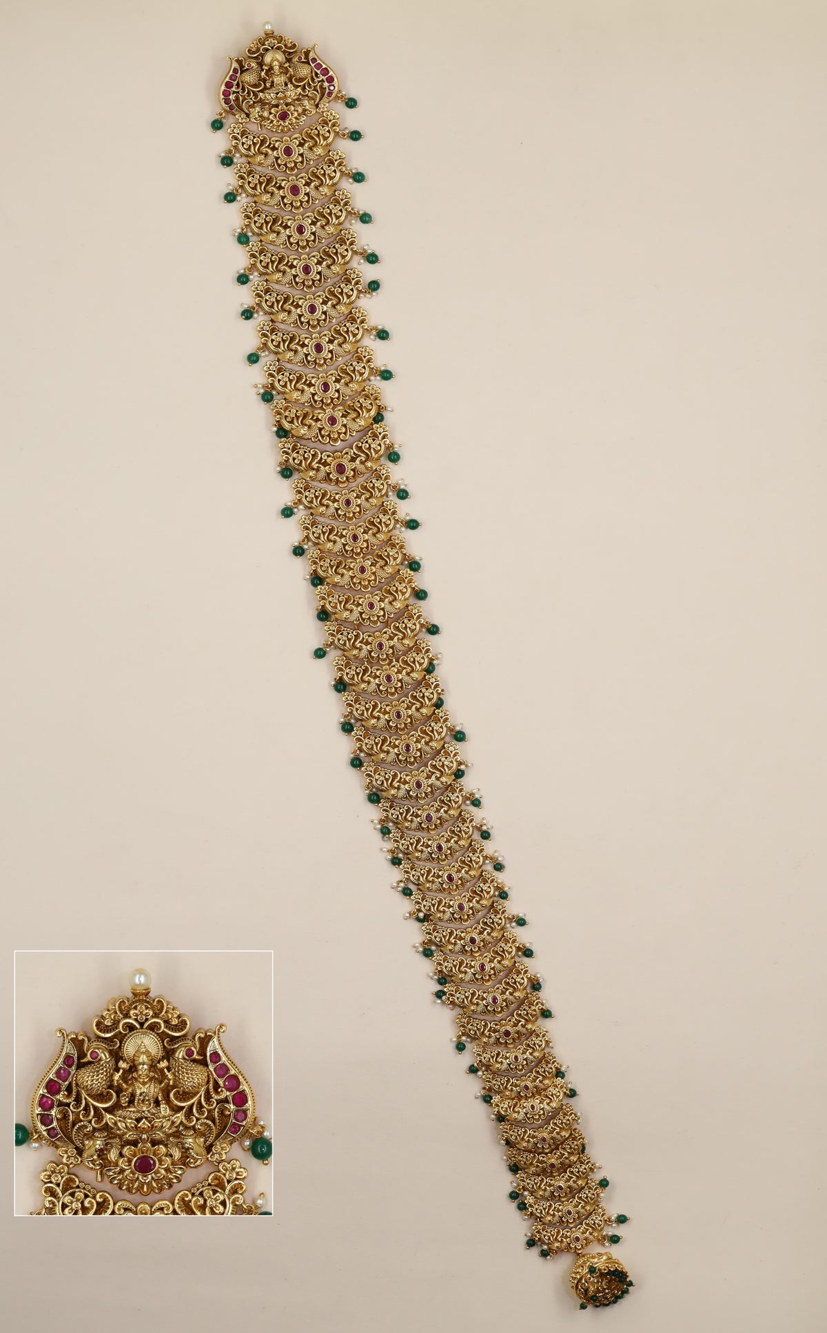 Antique Long Jade with repeated Lakshmi panels and intricate temple artistry