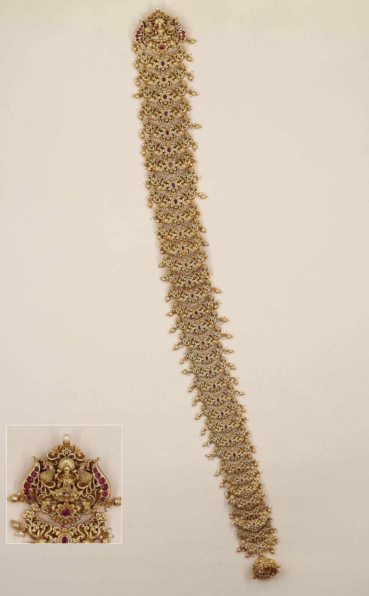 Antique Long Jade with repeated Lakshmi panels and intricate temple artistry