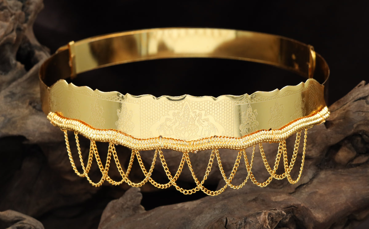 Traditional Gold Dabu showcasing Lakshmi panels and graceful chain drops