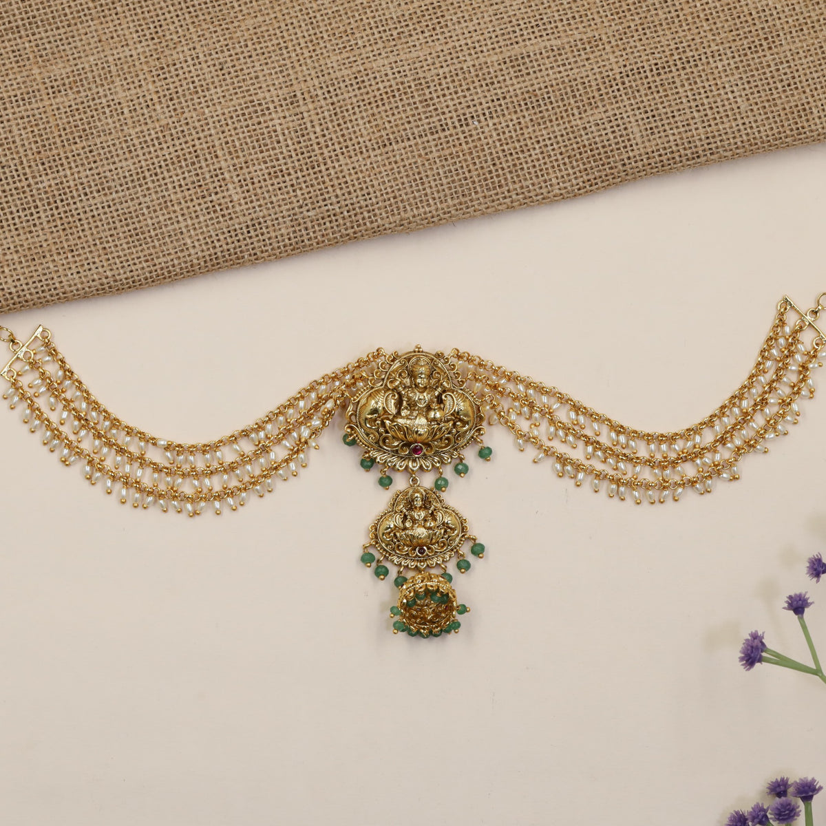 Antique Jade Bille + Mati with Lakshmi pendant and cascading bead strands