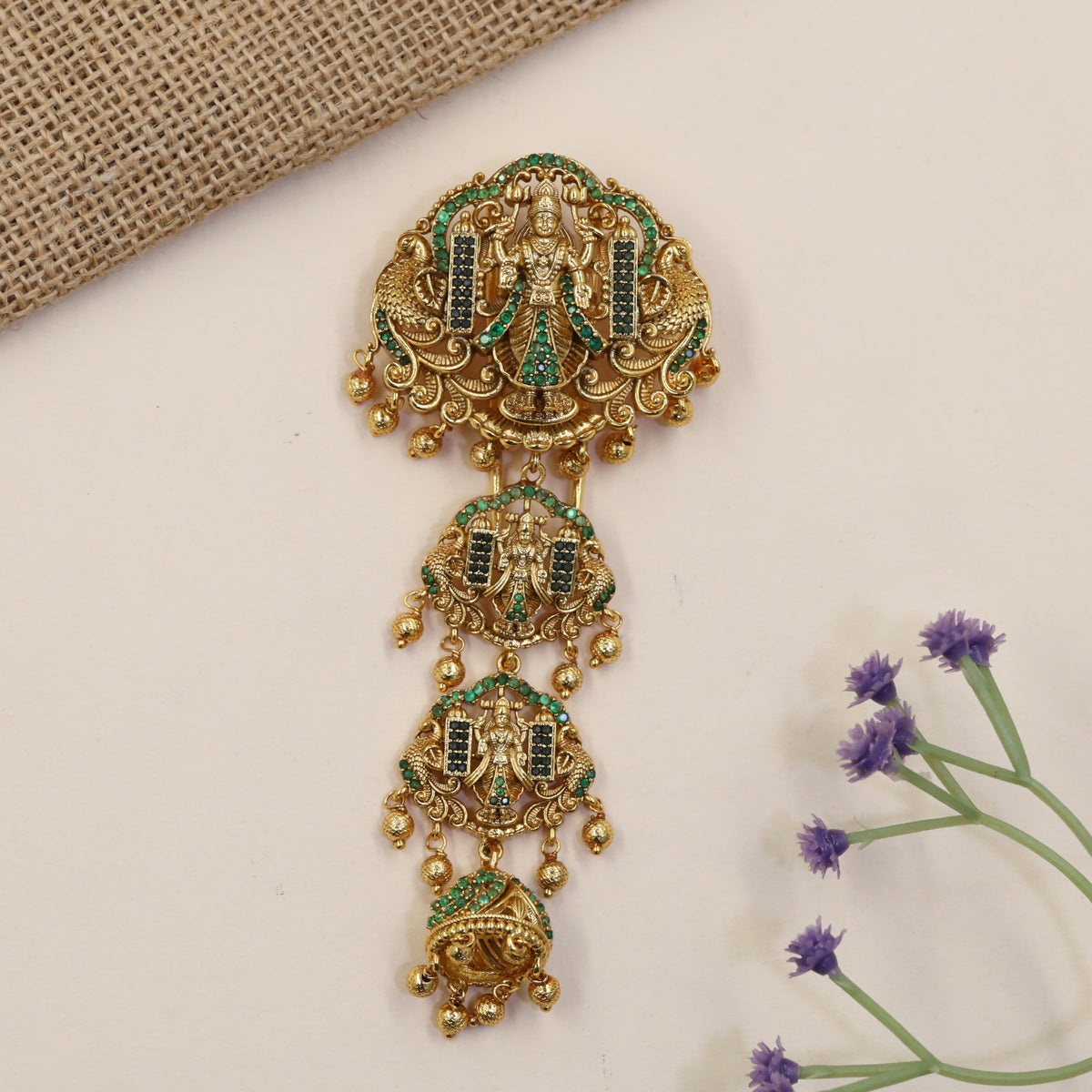 Venkateshwara Jade Bille featuring sculpted deity panels and graceful hanging drops