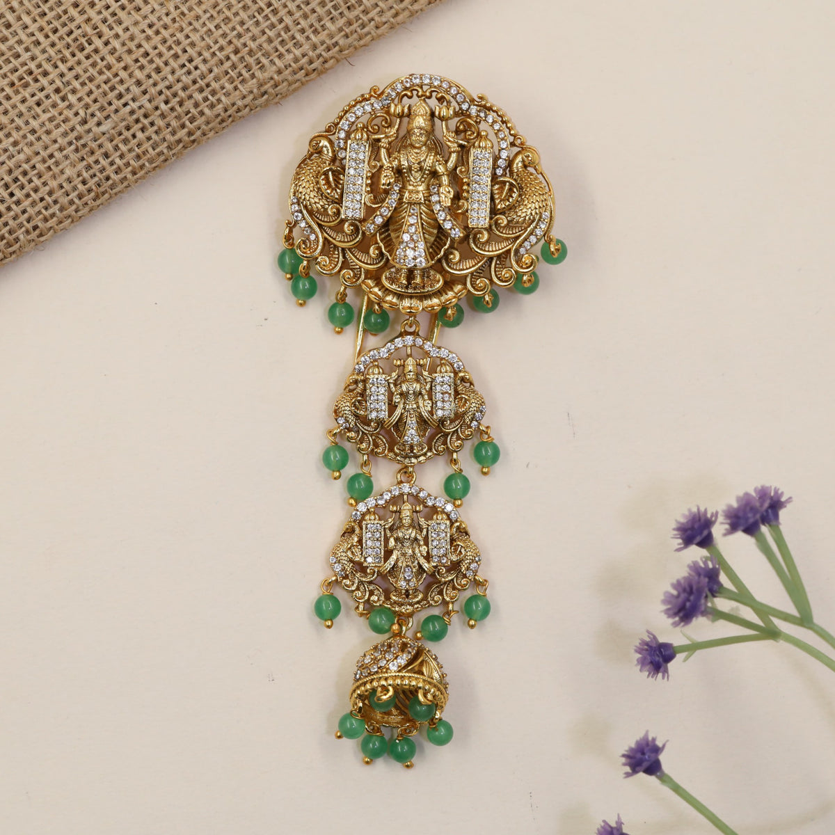 Venkateshwara Jade Bille featuring sculpted deity panels and graceful hanging drops