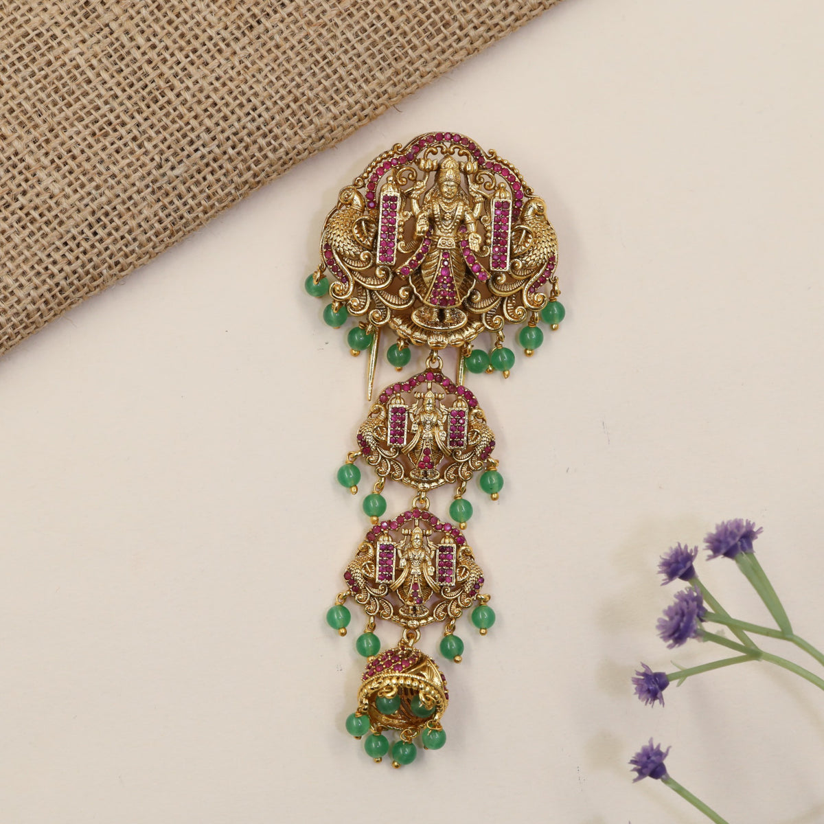 Venkateshwara Jade Bille featuring sculpted deity panels and graceful hanging drops