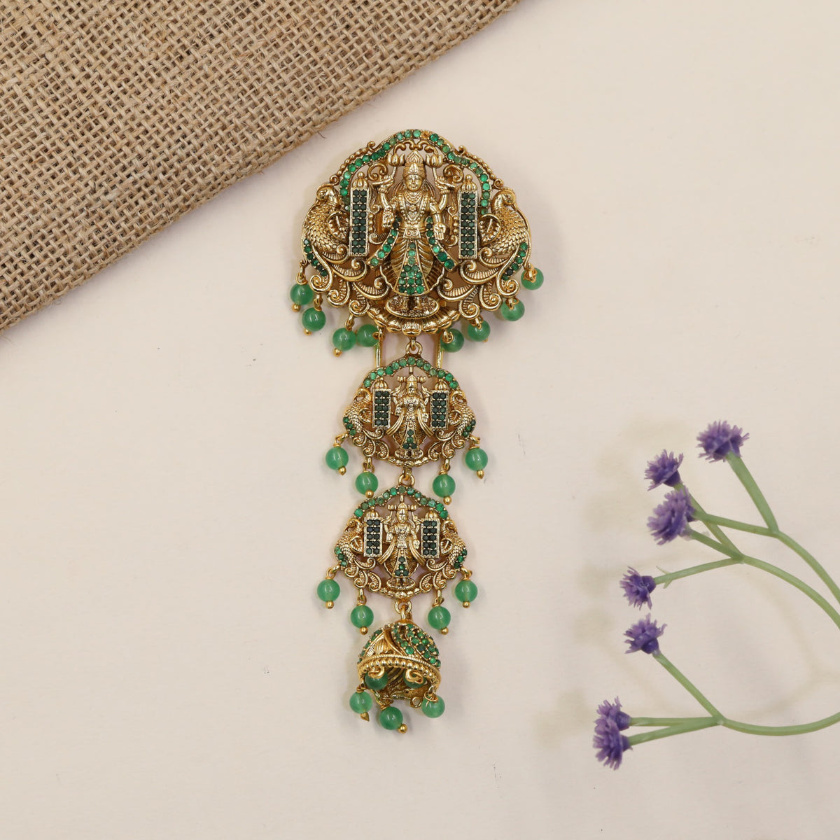 Venkateshwara Jade Bille featuring sculpted deity panels and graceful hanging drops
