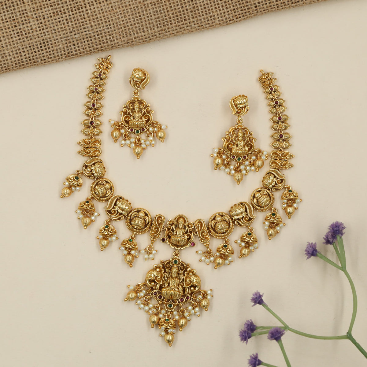 Antique Necklace with Lakshmi pendant and ornate floral craftsmanship